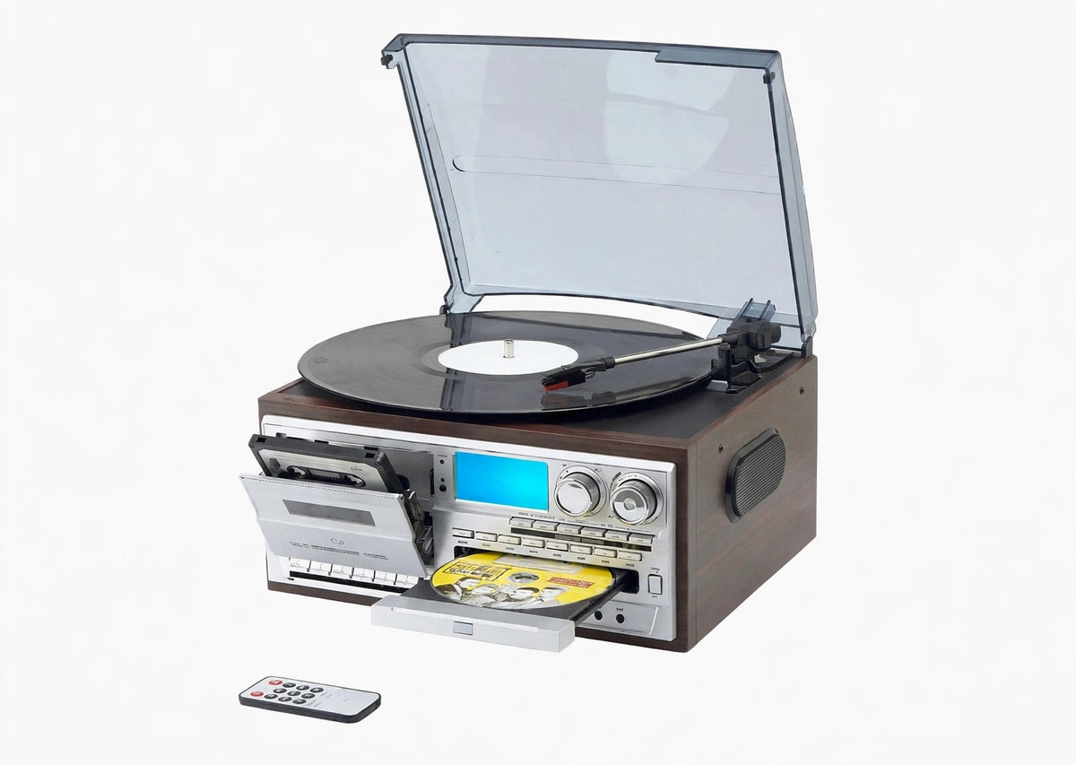 6-in-1 vintage record player, white background