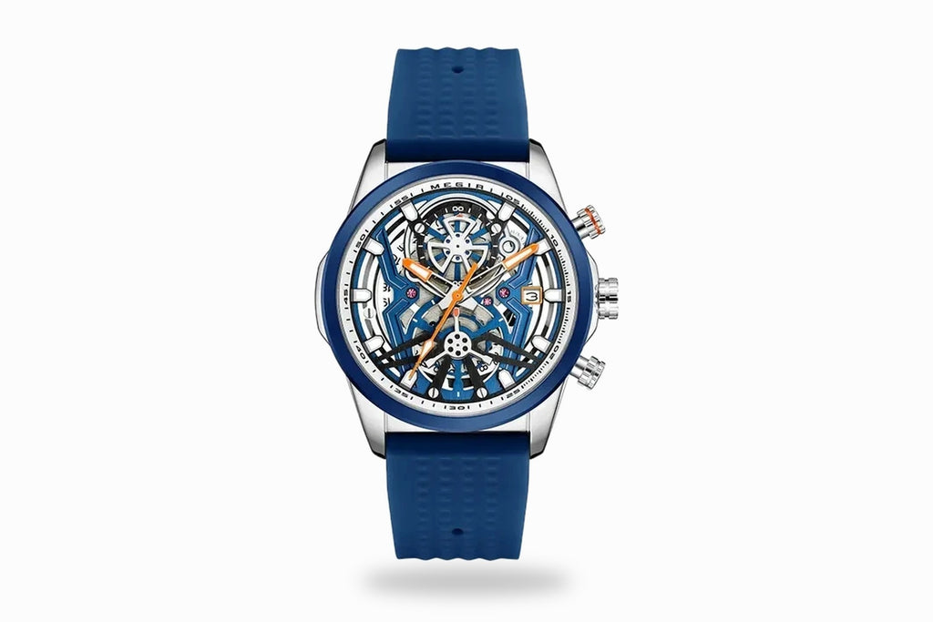 MEGIR 2235 men's skeleton quartz watch - blue, front view