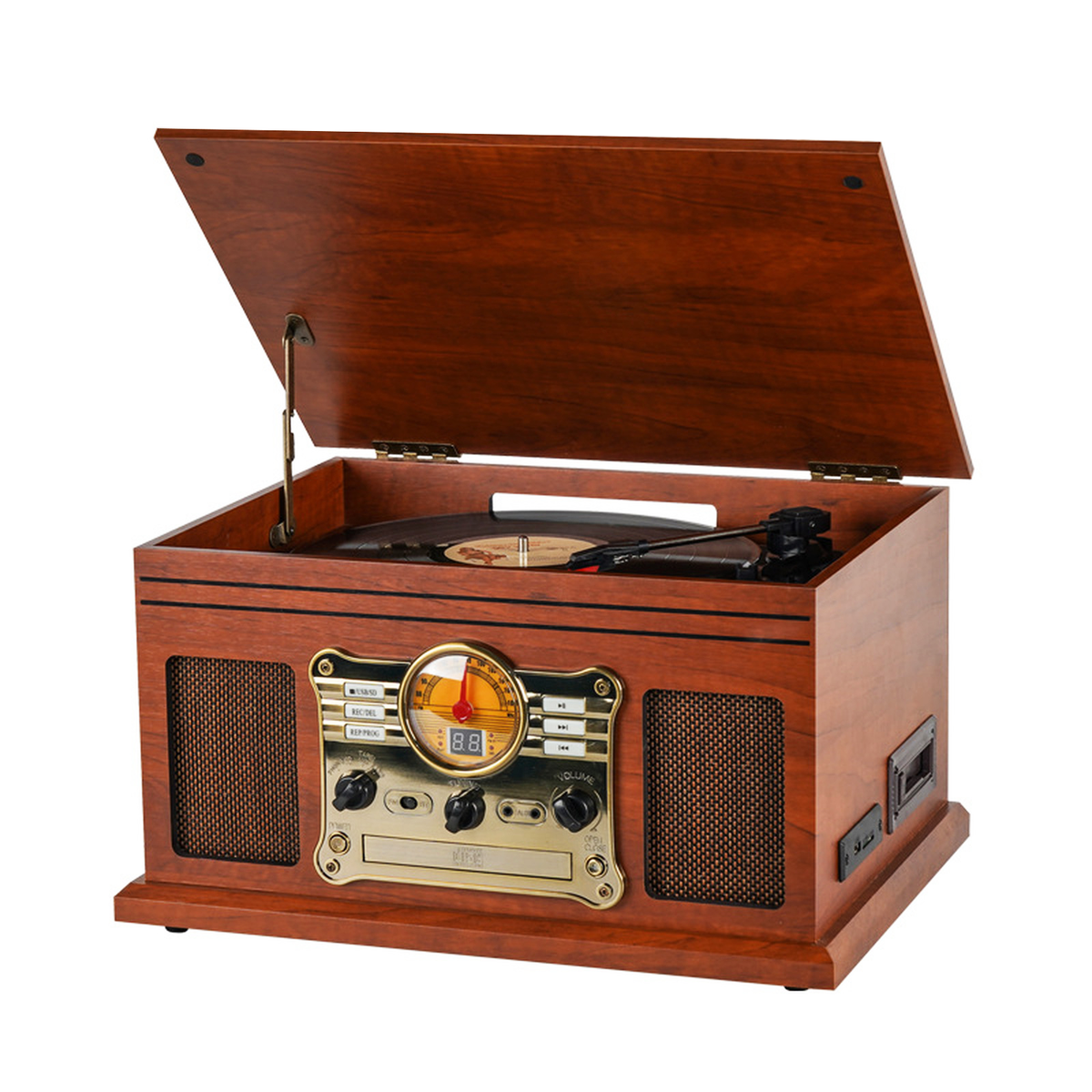 Vintage All-in-One Record Player with Bluetooth In/Out, CD, Cassette & FM Radio
