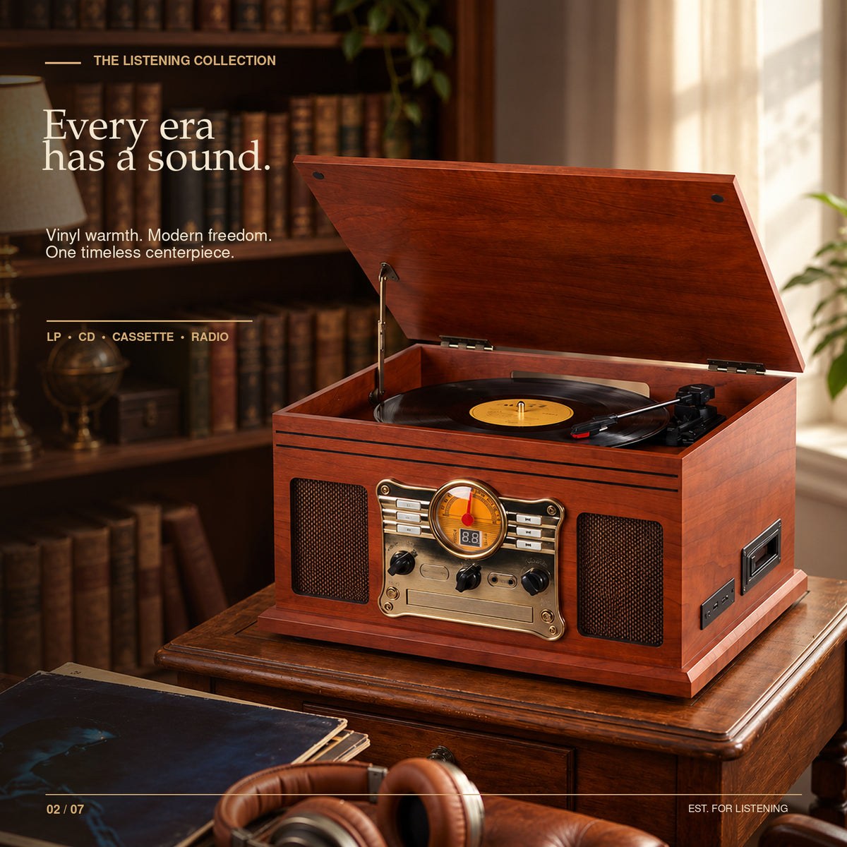 Vintage All-in-One Record Player with Bluetooth In/Out, CD, Cassette & FM Radio