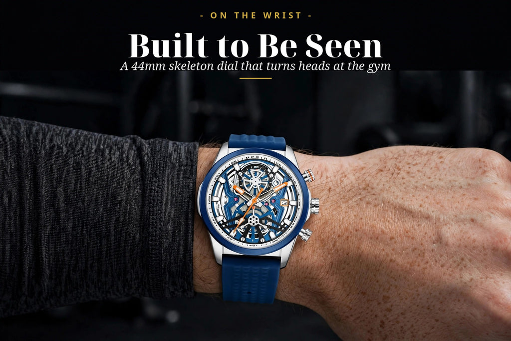 MEGIR 2235 blue on wrist - 44mm skeleton dial