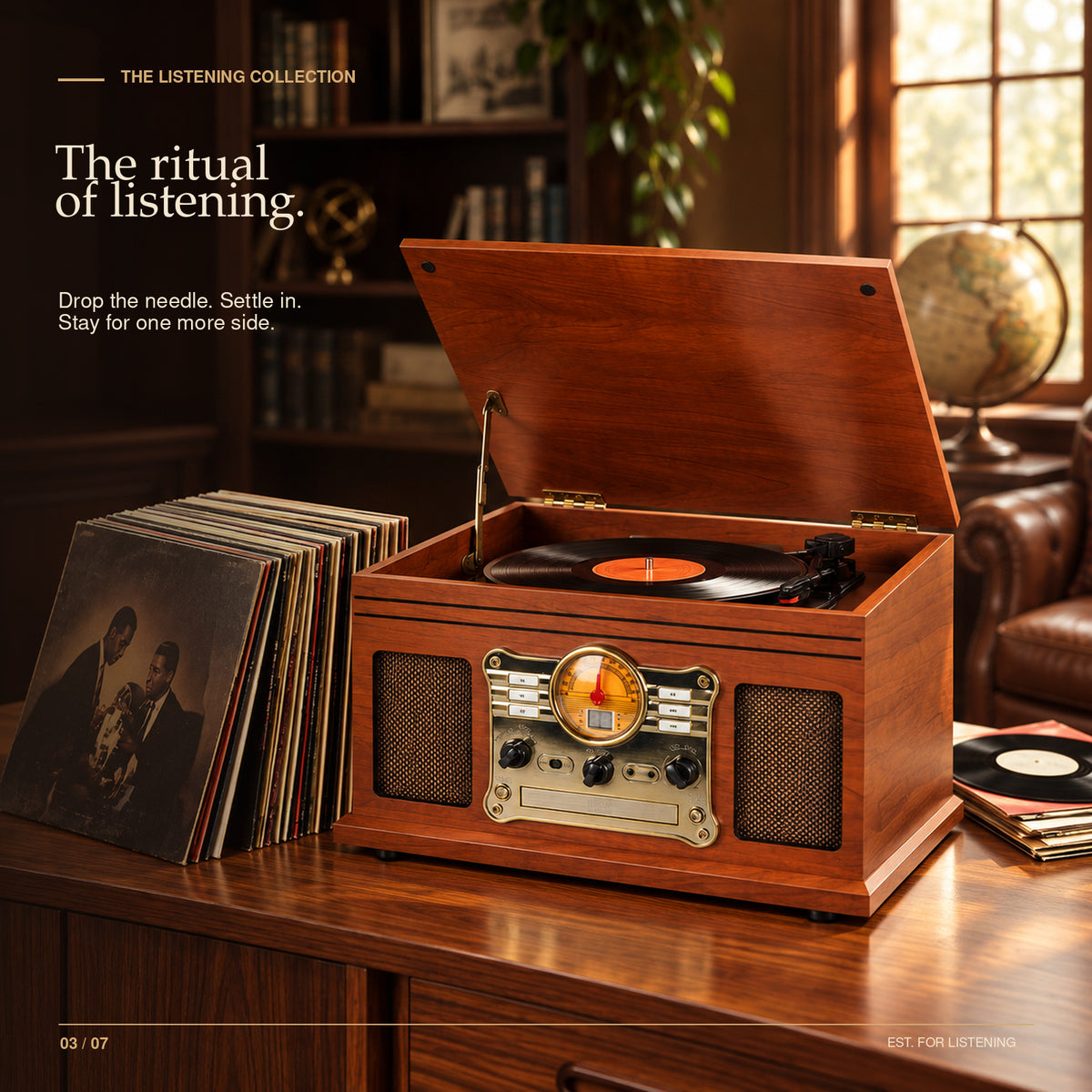 Vintage All-in-One Record Player with Bluetooth In/Out, CD, Cassette & FM Radio