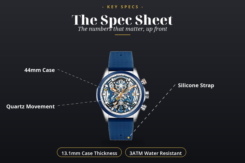 MEGIR 2235 key specs - 44mm case, quartz movement, 3ATM, silicone strap