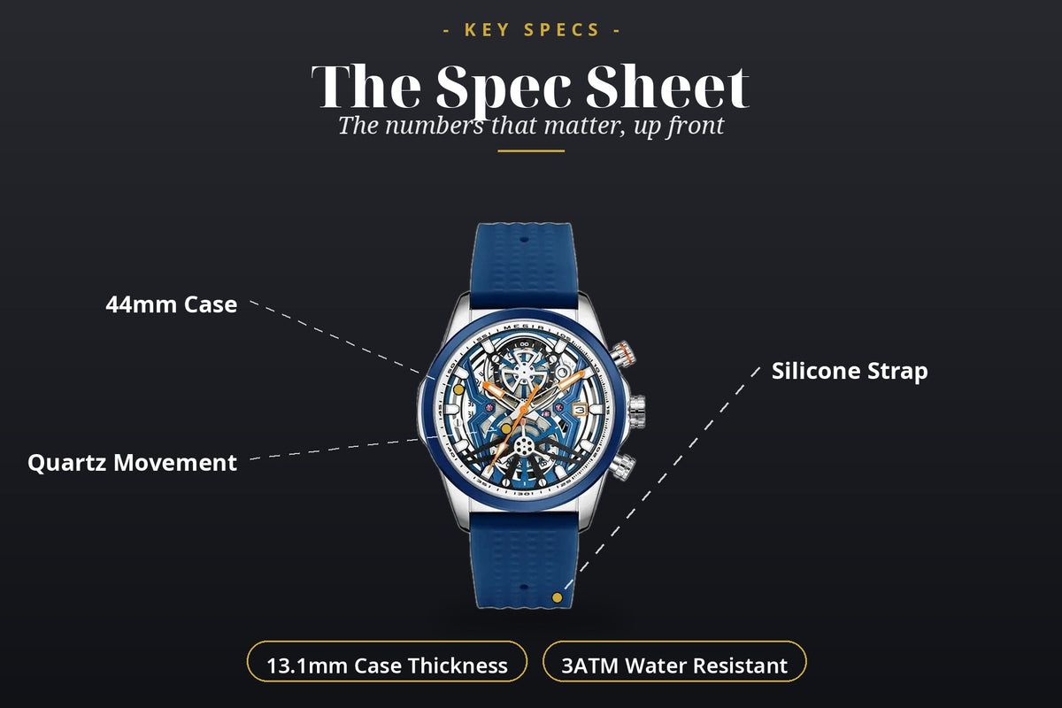MEGIR 2235 key specs - 44mm case, quartz movement, 3ATM, silicone strap