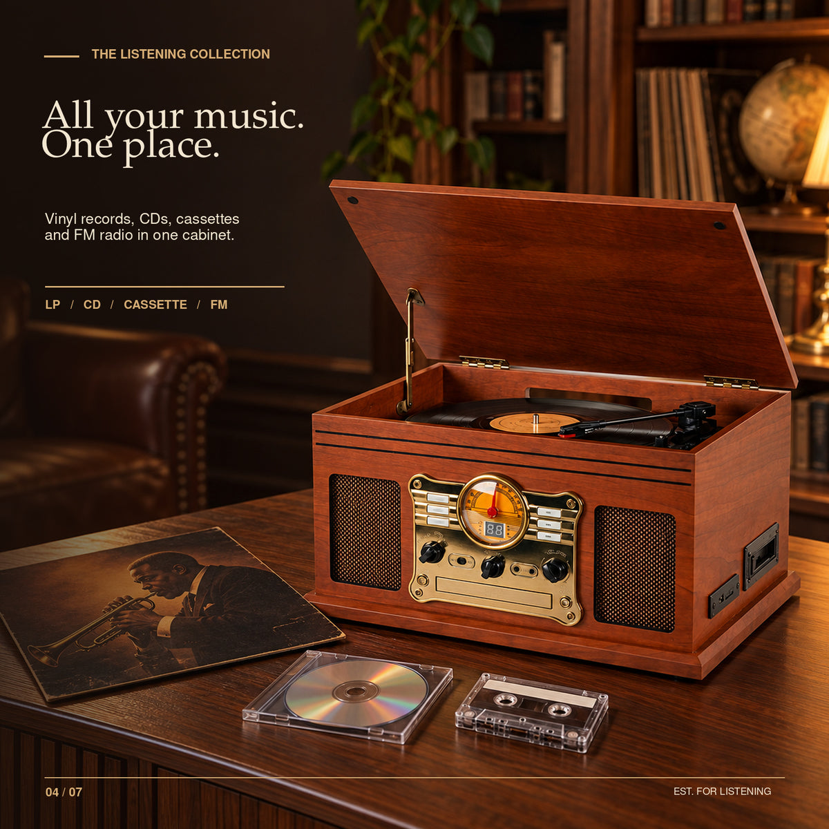 Vintage All-in-One Record Player with Bluetooth In/Out, CD, Cassette & FM Radio