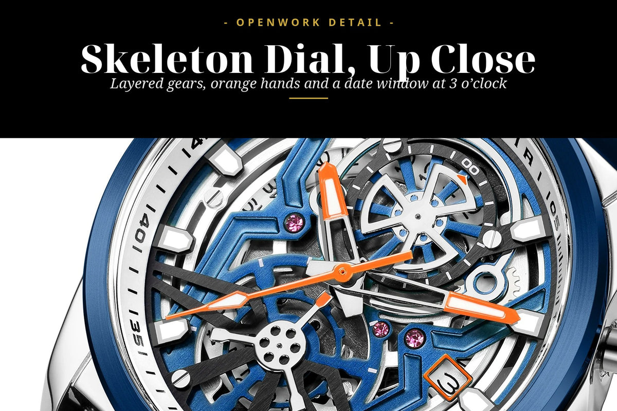 MEGIR 2235 skeleton dial close-up with date window