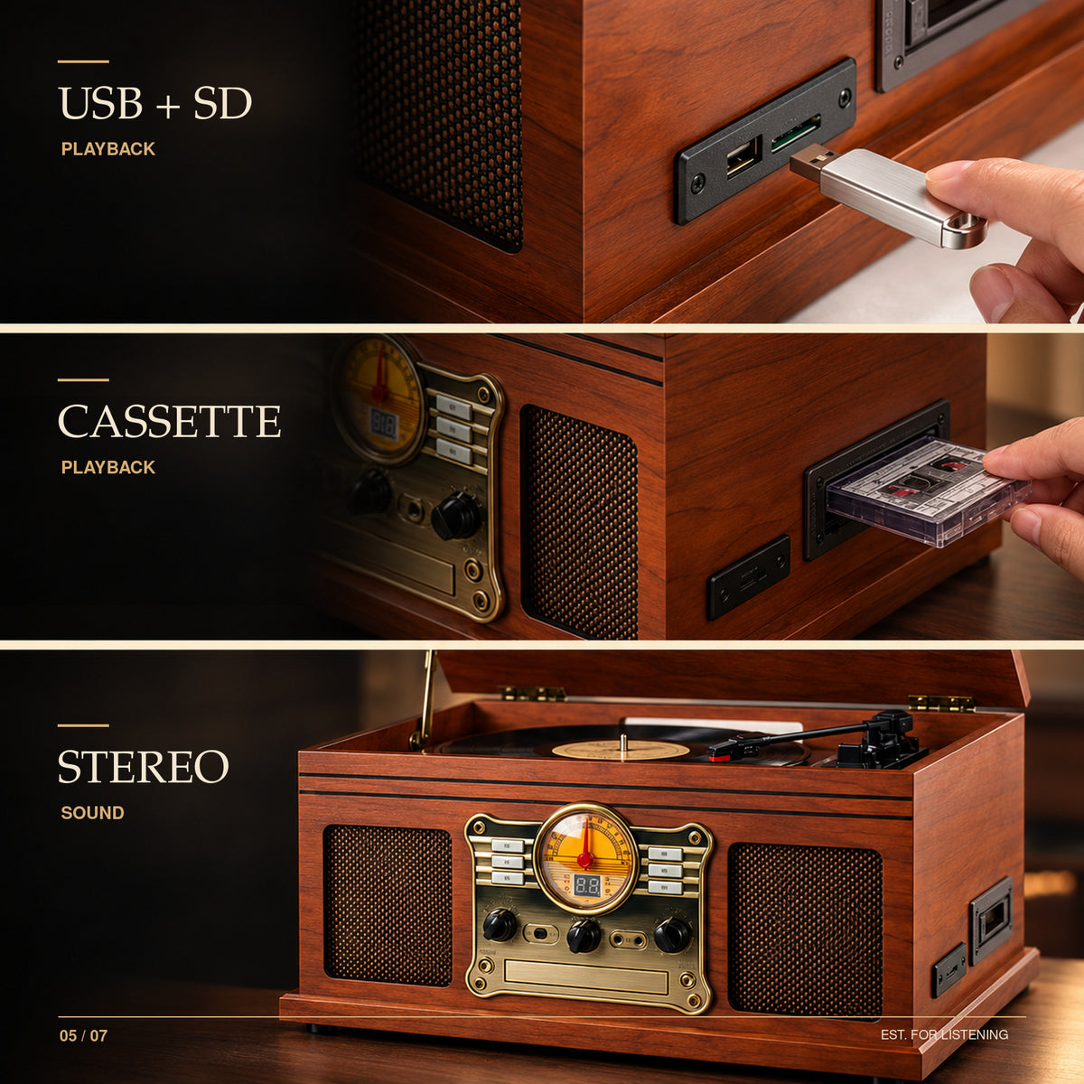 Vintage All-in-One Record Player with Bluetooth In/Out, CD, Cassette & FM Radio