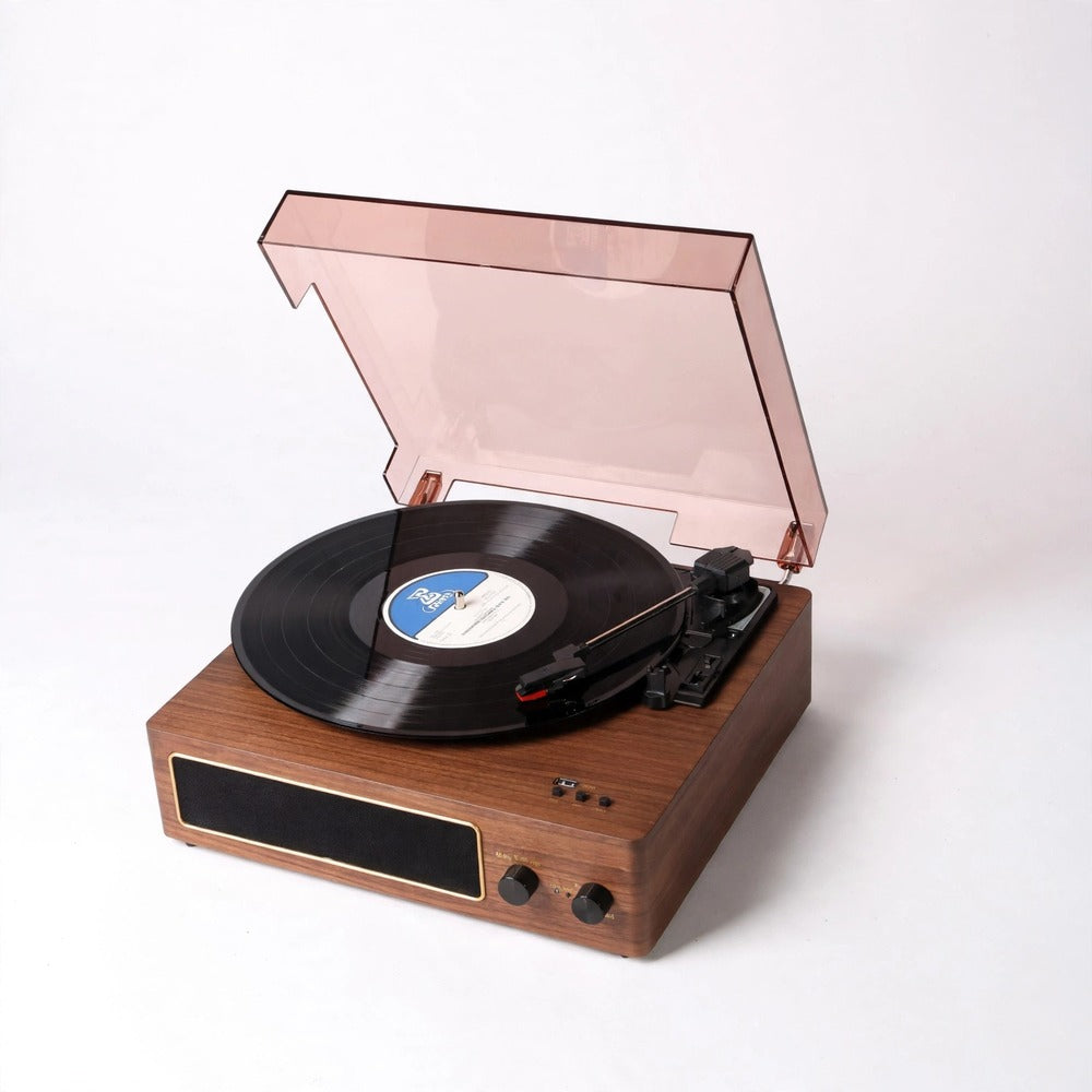 TomAudio P-01 Vintage Wooden Record Player with Dust Cover — Bluetooth 5.1 Turntable, Built-in Stereo Speakers, USB & FM Radio, 3-Speed (33/45/78 RPM)