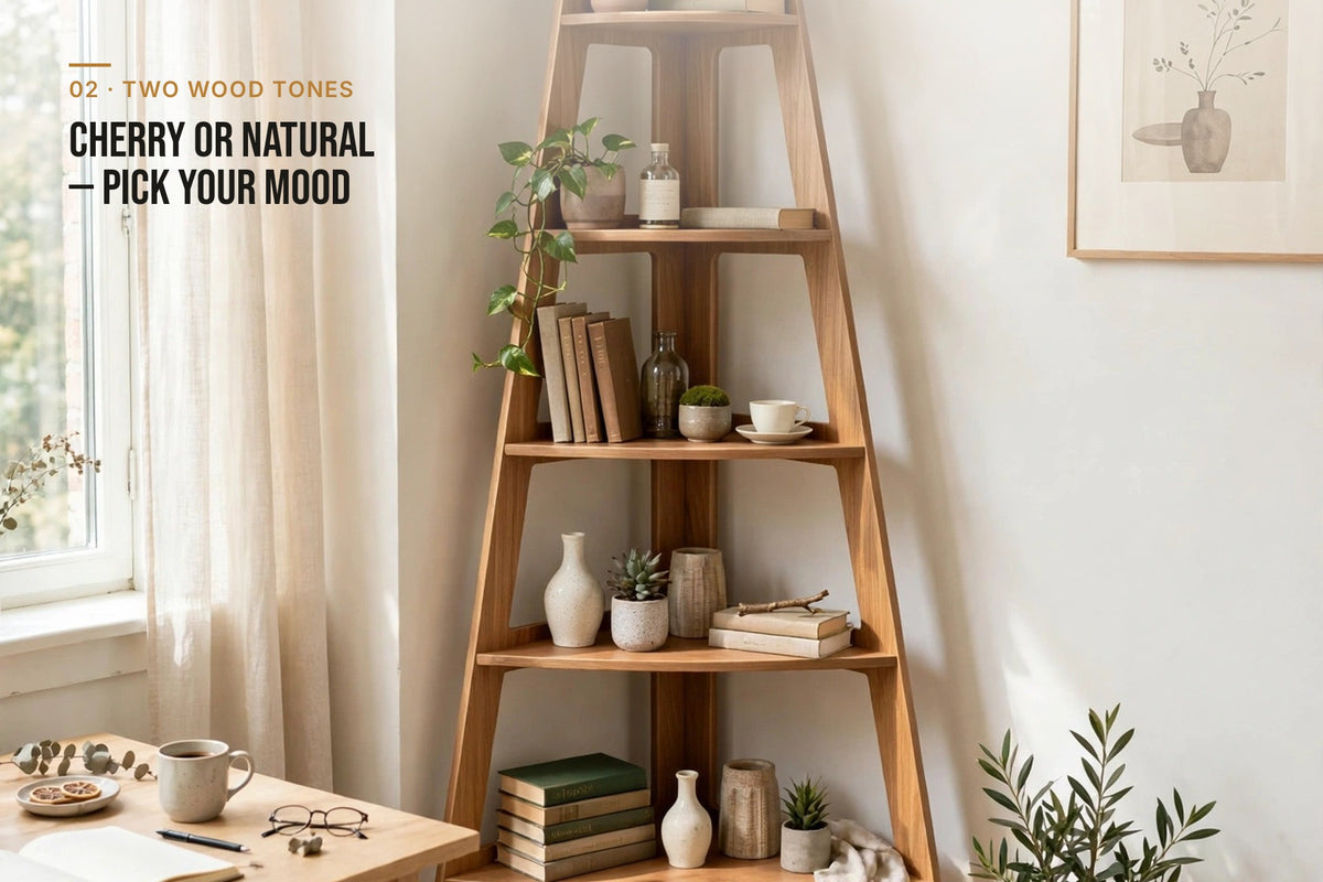kyenook Corner Bookshelf - two wood tones