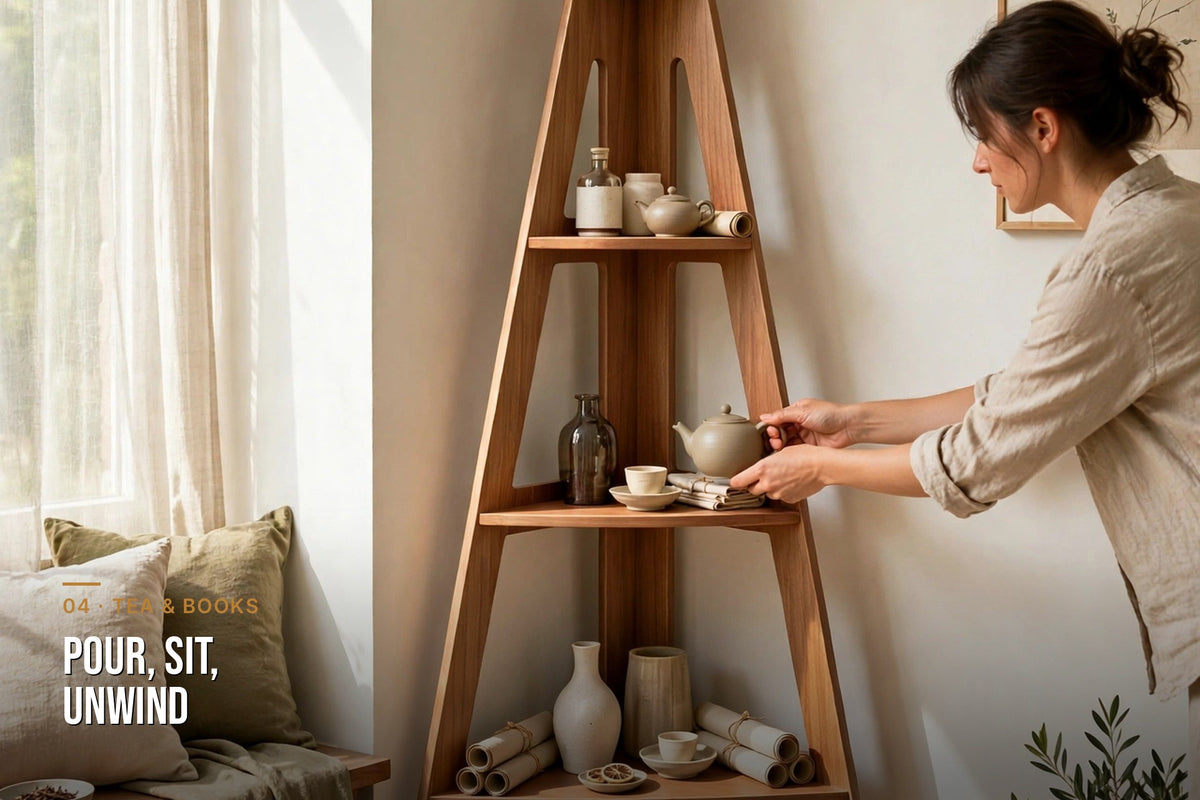 kyenook Corner Bookshelf - tea and books