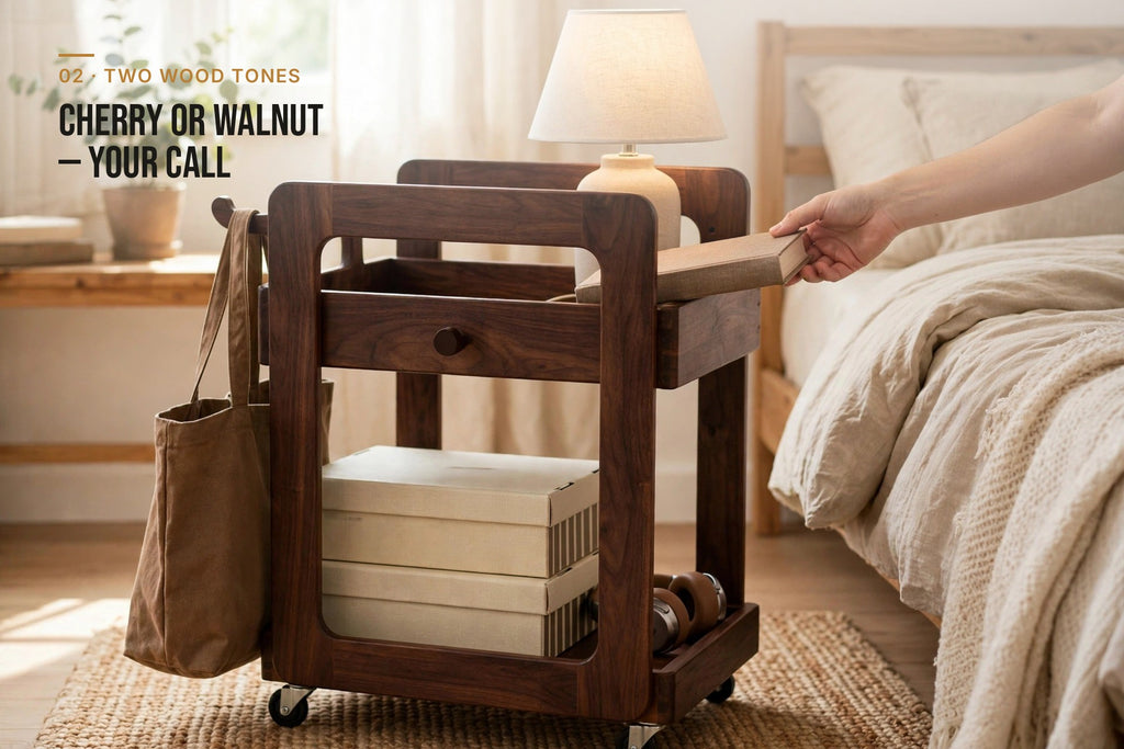 kyenook Rolling Side Table - two wood tones
