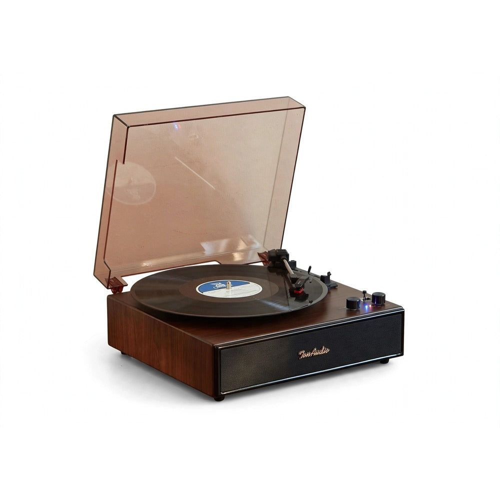 TomAudio P-01 Vintage Wooden Record Player with Dust Cover — Bluetooth 5.1 Turntable, Built-in Stereo Speakers, USB & FM Radio, 3-Speed (33/45/78 RPM)