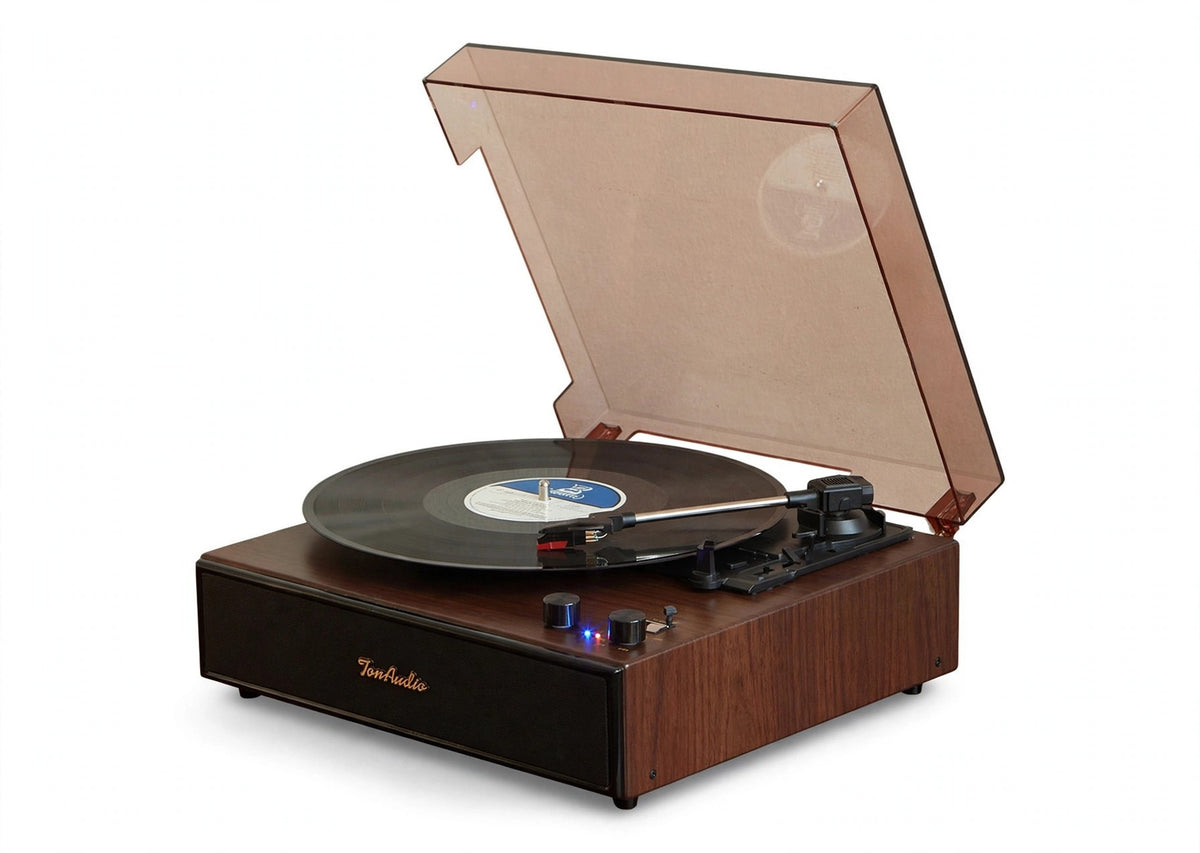 TomAudio P-01 record player, walnut finish, dust cover open