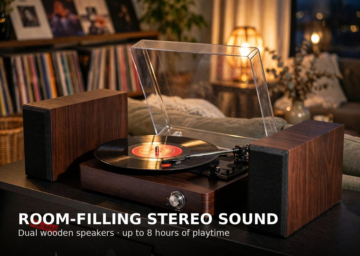 Room-filling stereo sound with dual wooden speakers