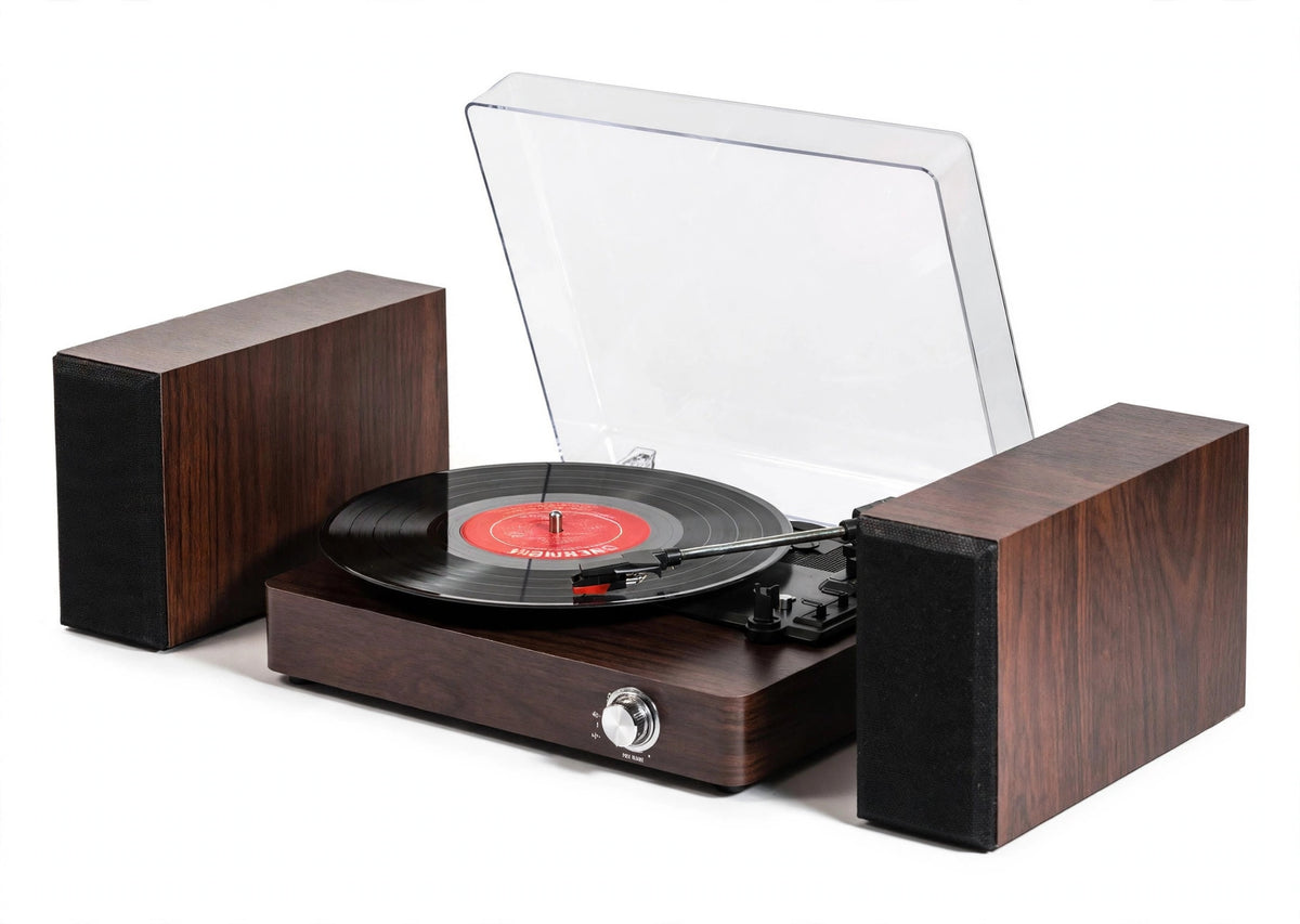 Vintage wooden vinyl record player with dual speakers and open dust cover
