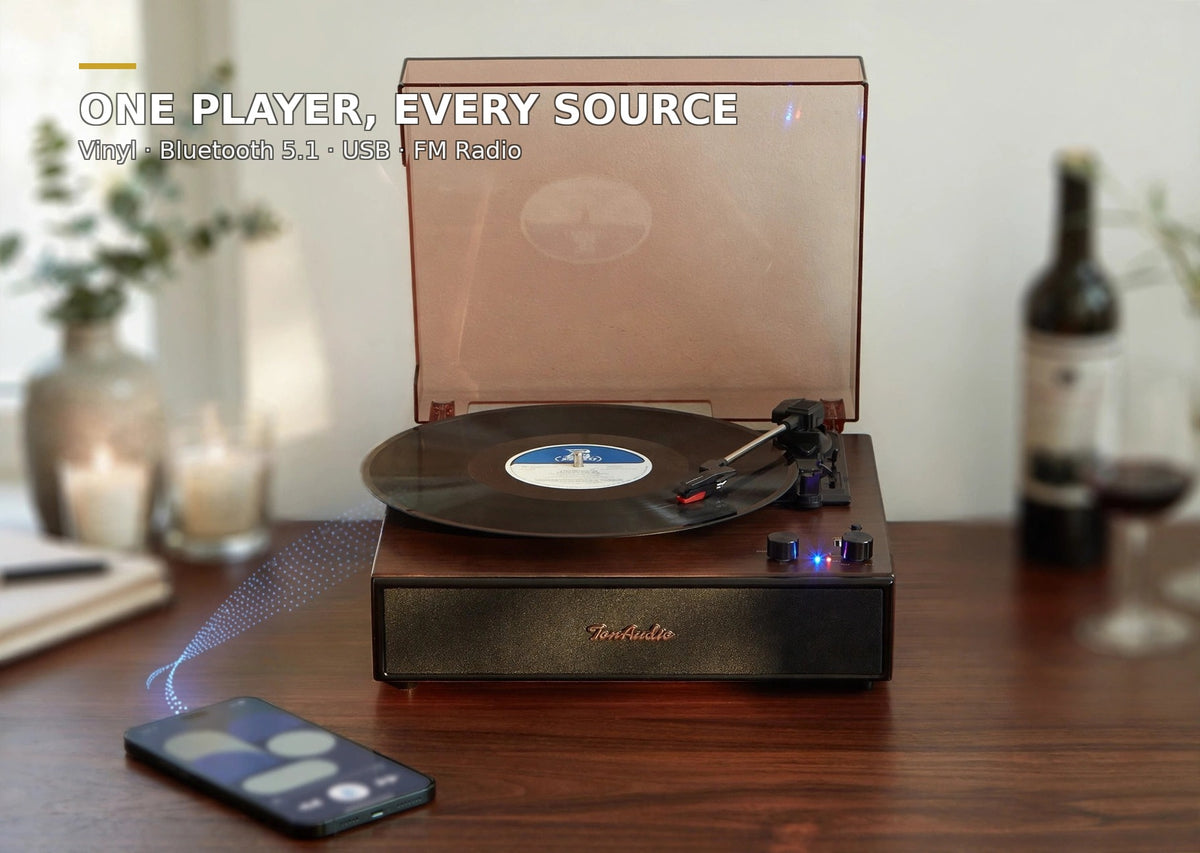 One player, every source: vinyl, Bluetooth 5.1, USB, FM radio